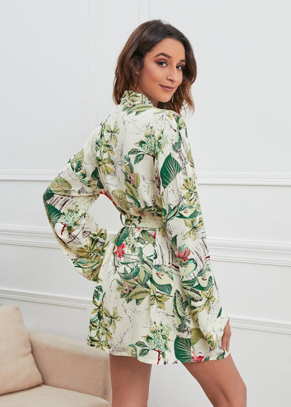 Peignoir Femme Long à Imprimé Floral et Feuillage