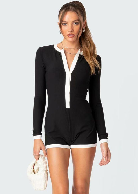 Combinaison Femme Sexy Bicolore – Manches Longues Ajustées