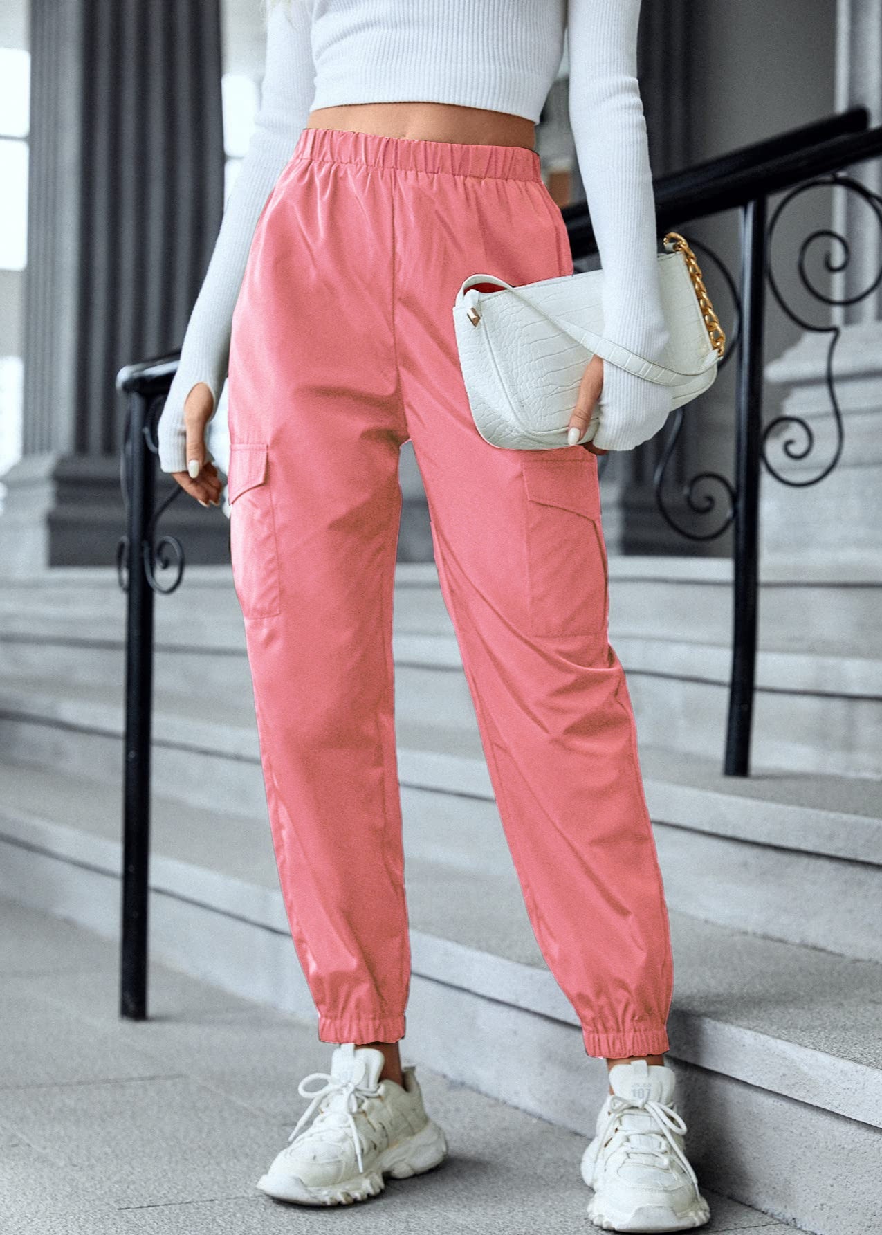 Pantalon casual ajusté multi-poches femme